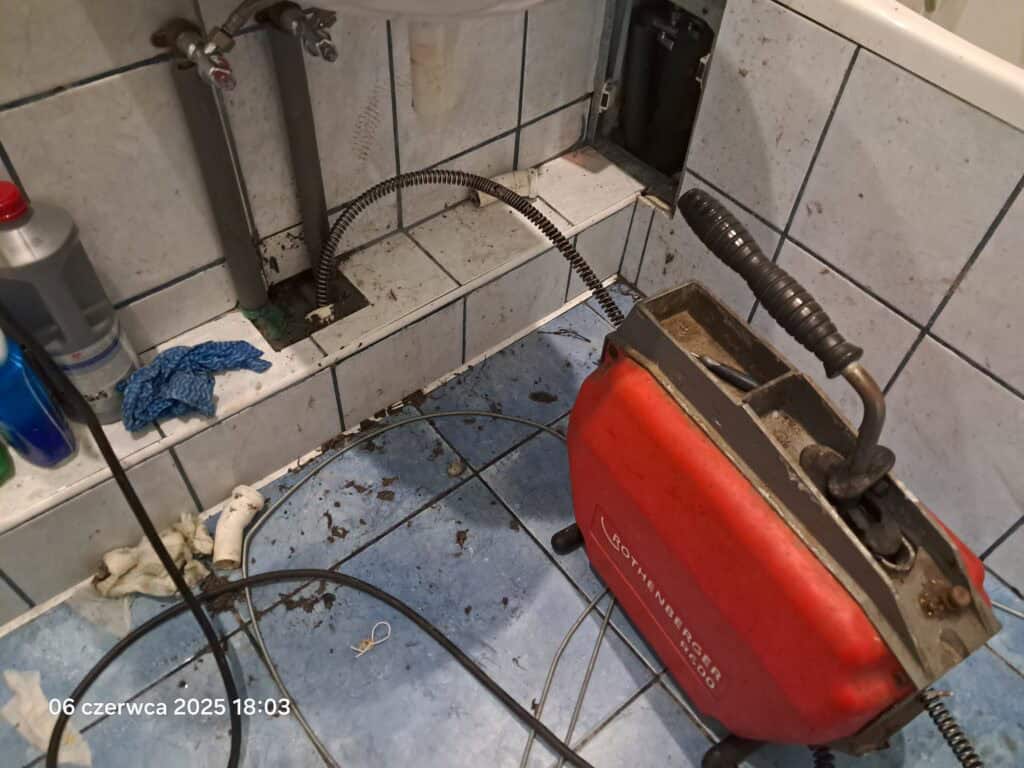 Pomoc przy przywróceniu sprawności odpływu w łazience w bloku przy ulicy Społecznej Łódź Chojny.