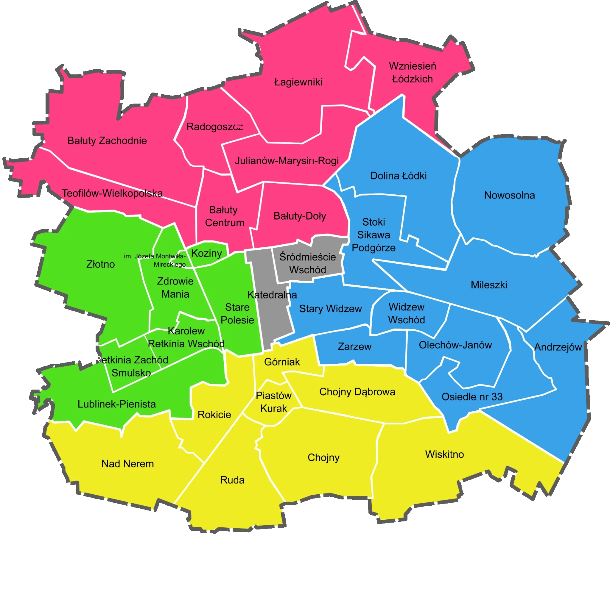 Mapa Łodzi – podział na dzielnice Bałuty, Polesie, Śródmieście, Widzew i Górna