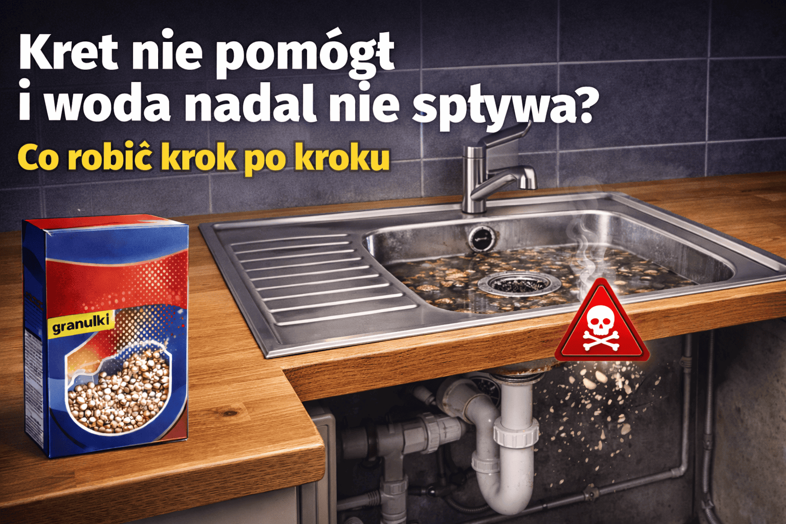 Zlew z zabrudzoną stojącą wodą, otwarta szafka z widocznym syfonem i opakowanie granulek do rur na blacie