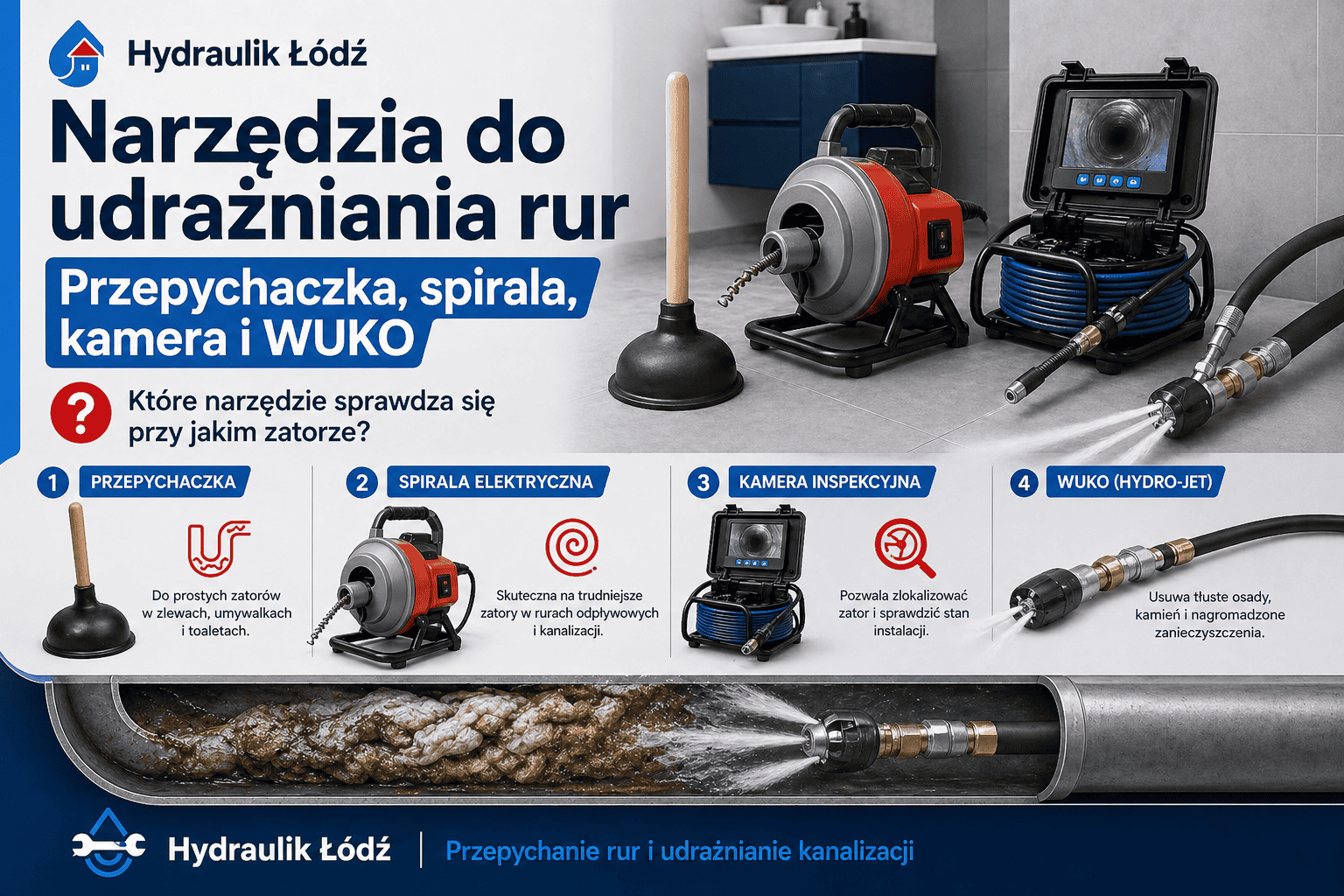 Narzędzia do udrażniania rur – przepychaczka, spirala elektryczna, kamera inspekcyjna i WUKO