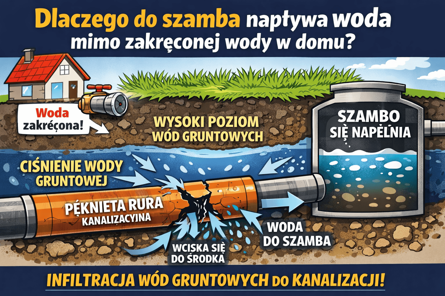 Napływ wody do szamba mimo zakręconej wody – przykład infiltracji wód gruntowych do kanalizacji