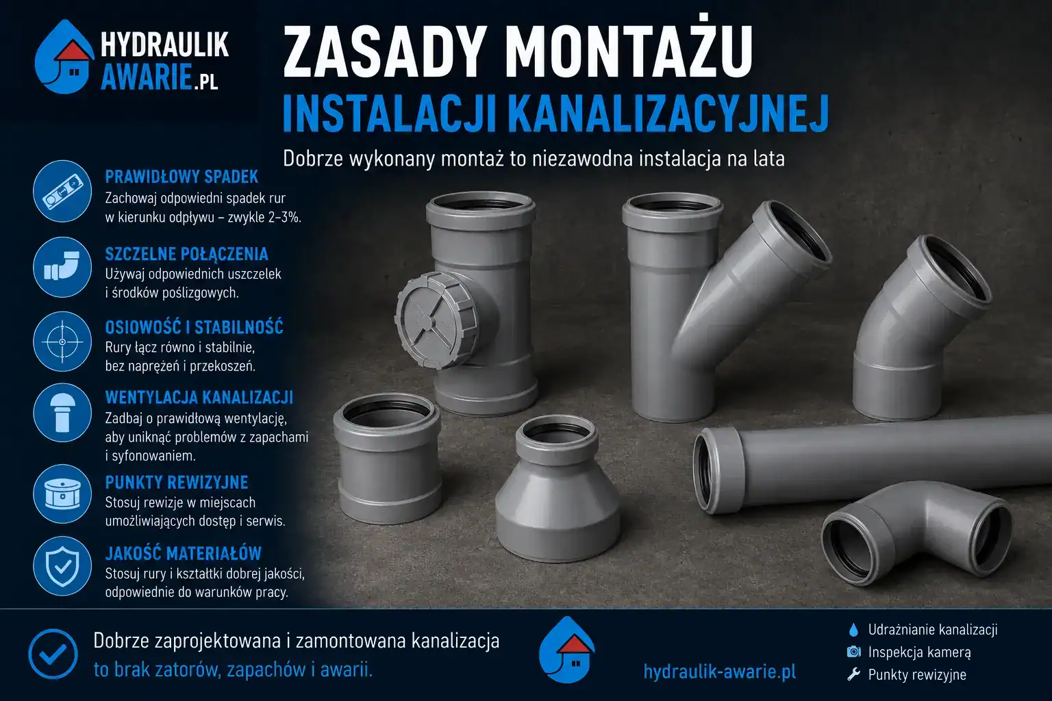 Zasady montażu instalacji kanalizacyjnej – spadki, rewizje, średnice rur i typowe błędy