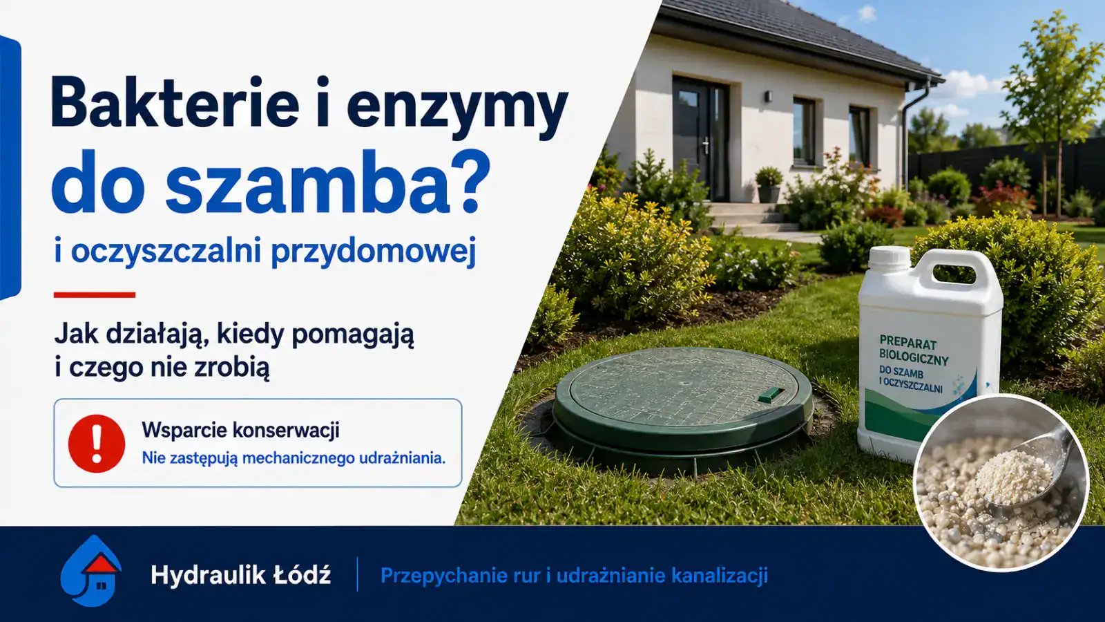 Dom jednorodzinny, trawnik, pokrywa szamba oraz preparat biologiczny – bakterie i enzymy do szamba i oczyszczalni przydomowej