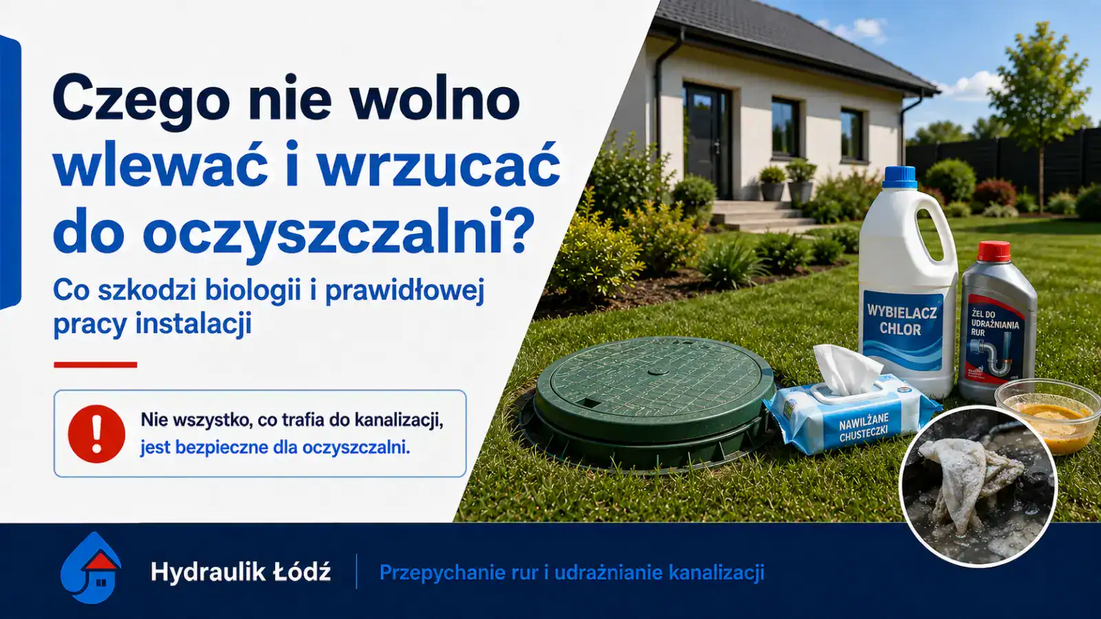 Dom jednorodzinny, pokrywa przydomowej oczyszczalni, wybielacz, środek do udrażniania rur i chusteczki – czego nie wlewać do oczyszczalni