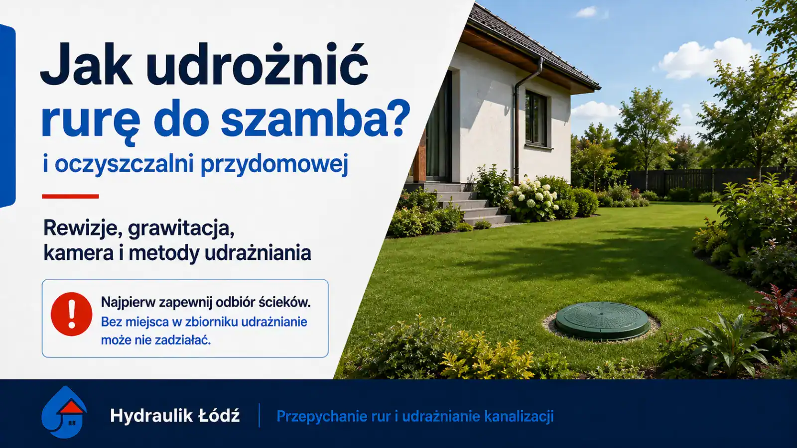 Dom jednorodzinny, trawnik i wieko szamba wśród krzewów – udrażnianie rury do szamba i oczyszczalni przydomowej